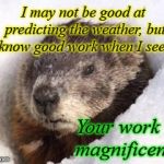 groundhog in snow | I may not be good at predicting the weather, but I know good work when I see it. Your work is magnificent! | image tagged in groundhog in snow | made w/ Imgflip meme maker