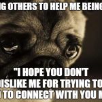 We're all trying to connect | ASKING OTHERS TO HELP ME BEING LIKE:; "I HOPE YOU DON'T DISLIKE ME FOR TRYING TOO HARD TO CONNECT WITH YOU MORE" | image tagged in sorry pug,inspire,inspirational quote,inspire the people,hope,please forgive me | made w/ Imgflip meme maker