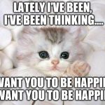 A cat named Marshmello? | LATELY I'VE BEEN, I'VE BEEN THINKING.... I WANT YOU TO BE HAPPIER, I WANT YOU TO BE HAPPIER. | image tagged in marshmallow cat | made w/ Imgflip meme maker