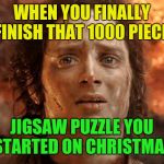 "It's something we can all do as a family" she said | WHEN YOU FINALLY FINISH THAT 1000 PIECE; JIGSAW PUZZLE YOU STARTED ON CHRISTMAS | image tagged in memes,its finally over,annoyingly difficult,jigsaw puzzle | made w/ Imgflip meme maker