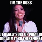 AOC Crazy | I'M THE BOSS; NOT REALLY SURE OF WHAT BUT I PROCLAIM IT SO THEREFORE IT IS | image tagged in aoc crazy | made w/ Imgflip meme maker