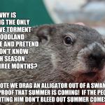 I Told My Ground Hog Neighbor About What They Do To Punxsutawney Phil So She's Organizing A March! | WHY IS SPRING THE ONLY TIME WE TORMENT A WOODLAND CREATURE AND PRETEND WE DON'T KNOW EACH SEASON LASTS THREE MONTHS? I VOTE WE DRAG AN ALLIGATOR OUT OF A SWAMP AS PROOF THAT SUMMER IS COMING!  IF THE PEOPLE TORMENTING HIM DON'T BLEED OUT SUMMER COMES EARLY. | image tagged in punxsutawney phil dice,memes,goofy memes,lol,stupid humor,seasons | made w/ Imgflip meme maker