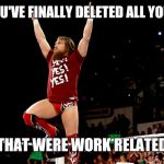 Yes! Yes! Yes! | WHEN YOU'VE FINALLY DELETED ALL YOUR TEXTS; THAT WERE WORK RELATED | image tagged in daniel bryan | made w/ Imgflip meme maker