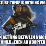 Aliens Ripley Newt Flamethrower | IN NATURE, THERE IS NOTHING WORSE... THAN GETTING BETWEEN A MOTHER AND CHILD...EVEN AN ADOPTED ONE! | image tagged in aliens ripley newt flamethrower | made w/ Imgflip meme maker