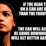 Save Gas With Bigger Tires | IF THE REAR TIRES ON A CAR ARE BIGGER THAN THE FRONT TIRES, THE CAR WILL ALWAYS BE GOING DOWNHILL AND IT WILL GET BETTER GAS MILEAGE. | image tagged in ocasio-cortez super genius | made w/ Imgflip meme maker