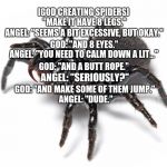 Sleeping spiders | [GOD CREATING SPIDERS]; "MAKE IT HAVE 8 LEGS."; ANGEL: "SEEMS A BIT EXCESSIVE, BUT OKAY."; GOD: "AND 8 EYES."; ANGEL: "YOU NEED TO CALM DOWN A LIT..."; GOD: "AND A BUTT ROPE."; ANGEL: "SERIOUSLY?"; GOD: "AND MAKE SOME OF THEM JUMP."; ANGEL: "DUDE." | image tagged in sleeping spiders | made w/ Imgflip meme maker