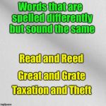 Words that are spelled differently but sound the same | Words that are  spelled differently but sound the same; Read and Reed; Great and Grate; Taxation and Theft | image tagged in blank,memes,taxes | made w/ Imgflip meme maker