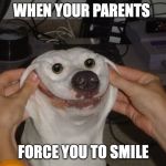 Forced To Smile Dog | WHEN YOUR PARENTS; FORCE YOU TO SMILE | image tagged in forced to smile dog | made w/ Imgflip meme maker