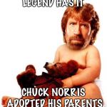 Chuck Norris | LEGEND HAS IT; CHUCK NORRIS ADOPTED HIS PARENTS | image tagged in chuck norris | made w/ Imgflip meme maker