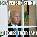 The great philosophical question of our time | WHEN A PERSON STANDS UP; WHERE DOES THEIR LAP GO? | image tagged in sad joe biden,memes | made w/ Imgflip meme maker