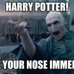 Voldemort | HARRY POTTER! GIVE ME YOUR NOSE IMMEDIATELY! | image tagged in voldemort | made w/ Imgflip meme maker