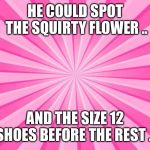 Pink Blank Background | HE COULD SPOT THE SQUIRTY FLOWER .. AND THE SIZE 12 SHOES BEFORE THE REST ... | image tagged in pink blank background | made w/ Imgflip meme maker