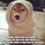 I rather stay curled in a cocoon at my couch or with every blanket on my bed | BEING CURLED UP IN A BLANKET IS THE ONLY SPA TIME FOR ME UNLESS YOU COUNT A COLD BEER AT THE BACK | image tagged in blanket,memes,curled up,spa | made w/ Imgflip meme maker