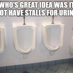 Men's Room Urinals | WHO'S GREAT IDEA WAS IT TO NOT HAVE STALLS FOR URINALS? | image tagged in men's room urinals | made w/ Imgflip meme maker