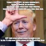 Trump loser | Trump's FAKE NEWS:  no more hamburgers, bridge to Hawaii, no airplanes, electricity stops when wind stops blowing, homeowners to pay $600,000 each, blah, blah, blah. GOP right-wing talking points brought to you by the 1% who won't make money on the Green New Deal. | image tagged in trump loser | made w/ Imgflip meme maker
