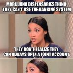 Or Maybe They Can Buy U.S. Savings Bongs? | MARIJUANA DISPENSARIES THINK THEY CAN'T USE THE BANKING SYSTEM; THEY DON'T REALIZE THEY CAN ALWAYS OPEN A JOINT ACCOUNT. | image tagged in bad pun ocasio-cortez,cannabis,banks | made w/ Imgflip meme maker