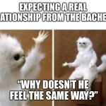Confused white monkey | EXPECTING A REAL RELATIONSHIP FROM THE BACHELOR; “WHY DOESN’T HE FEEL THE SAME WAY?” | image tagged in confused white monkey | made w/ Imgflip meme maker