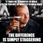 drunkness1234343 | IT TAKES ME 10 MINUTES TO WALK TO THE PUB BUT 30 MINUTES TO WALK BACK; THE DIFFERENCE IS SIMPLY STAGGERING | image tagged in drunkness1234343 | made w/ Imgflip meme maker