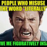 I try not to be a grammar nazi, but | PEOPLE WHO MISUSE THE WORD "LITERALLY"; DRIVE ME FIGURATIVELY INSANE | image tagged in angry man,literally,figurative,insane | made w/ Imgflip meme maker