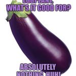 motivational eggplant | EGGPLANT, WHAT’S IT GOOD FOR? ABSOLUTELY NOTHING. HUH! | image tagged in motivational eggplant | made w/ Imgflip meme maker