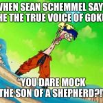 rolf | WHEN SEAN SCHEMMEL SAYS HE THE TRUE VOICE OF GOKU; “YOU DARE MOCK THE SON OF A SHEPHERD?!” | image tagged in rolf | made w/ Imgflip meme maker