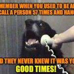 Those Were The Days | REMEMBER WHEN YOU USED TO BE ABLE TO CALL A PERSON 57 TIMES AND HANG UP; AND THEY NEVER KNEW IT WAS YOU? GOOD TIMES! | image tagged in dog phone,phone,pranks,the good old days | made w/ Imgflip meme maker