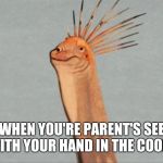 Feathered Dinosaur | WHEN YOU'RE PARENT'S SEE YOU WITH YOUR HAND IN THE COOKIE JAR | image tagged in feathered dinosaur | made w/ Imgflip meme maker
