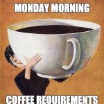 large coffee | MONDAY MORNING; COFFEE REQUIREMENTS | image tagged in large coffee | made w/ Imgflip meme maker