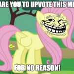 After DJFox made his viral upvote meme, it's time for me to make mine! LOL ;D | I DARE YOU TO UPVOTE THIS MEME; FOR NO REASON! | image tagged in fluttertroll,memes,upvotes,stupid,xanderbrony,djfox | made w/ Imgflip meme maker