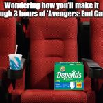 Movie theater seat | Wondering how you'll make it through 3 hours of 'Avengers: End Game'? | image tagged in movie theater seat | made w/ Imgflip meme maker