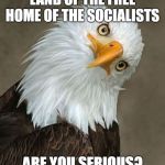 bald eagle tilt | LAND OF THE FREE HOME OF THE SOCIALISTS; ARE YOU SERIOUS? | image tagged in bald eagle tilt | made w/ Imgflip meme maker