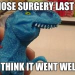 It went very well....in my opinion | HAD NOSE SURGERY LAST WEEK; I THINK IT WENT WELL | image tagged in dinosaurio f,memes,funny,funny memes,nose,surgery | made w/ Imgflip meme maker