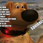 Dug the dog | LOOK HOW MANY WORDS YOU HAVE SAID THERE WITHOUT ACTUALLY EXPRESSING ANYTHING OF SUBSTANCE, THAT IS SO VERY INTERESTIN -; SQUIRREL!!! | image tagged in dug the dog | made w/ Imgflip meme maker
