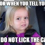 That Look When | THAT LOOK WHEN YOU TELL YOU'RE KID; WE DO NOT LICK THE CAT.... | image tagged in that look when | made w/ Imgflip meme maker
