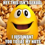 The m&m conspiracy | HEY THIS ISN'T SEXUAL; I JUST WANT YOU TO EAT MY NUTS | image tagged in peanut mm | made w/ Imgflip meme maker