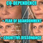 Confused Math Lady | CO-DEPENDENCE; + FEAR OF ABANDONMENT; = COGNITIVE DISSONANCE | image tagged in confused math lady | made w/ Imgflip meme maker