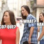 I have no idea why I'm saying what in 4 languages (Including English)  | WHAT? NANI?! CO? QUE? | image tagged in distracted boyfriend paranoia,co que what nani | made w/ Imgflip meme maker