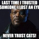Nick Fury | LAST TIME I TRUSTED SOMEONE, I LOST AN EYE. NEVER TRUST CATS! | image tagged in nick fury | made w/ Imgflip meme maker