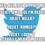 Twitter | JULIET: OMG, LOL I'M DEAD! ROMEO: HEY, LOOK AT THIS MEME; JULIET: HELLO? JULIET: ROMEO?! JULIET: I DIDN'T ACTUALLY MEAN I'M DEAD! | image tagged in twitter | made w/ Imgflip meme maker
