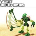 Bionicle | DNA: *EXISTS*; RESTRICTION ENZYMES: | image tagged in bionicle | made w/ Imgflip meme maker