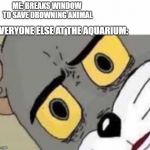 Oh No | ME: BREAKS WINDOW TO SAVE DROWNING ANIMAL; EVERYONE ELSE AT THE AQUARIUM: | image tagged in tom cat face | made w/ Imgflip meme maker