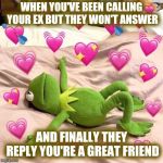 Tender hearted kermit | WHEN YOU'VE BEEN CALLING YOUR EX BUT THEY WON'T ANSWER; AND FINALLY THEY REPLY YOU'RE A GREAT FRIEND | image tagged in kermit in love | made w/ Imgflip meme maker