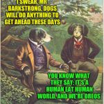 In Another Time, In Another Place  | I SWEAR, MR BARKSTRONG, DOGS WILL DO ANYTHING TO GET AHEAD THESE DAYS; YOU KNOW WHAT THEY SAY: IT'S A HUMAN EAT HUMAN WORLD, AND WE'RE OREOS | image tagged in dogs talking,memes,dog memes,confused dafuq jack sparrow what,why not both,beautiful vintage flowers | made w/ Imgflip meme maker