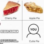 Pie meme | REBARCADMAN; INSULTING PIE THAT WILL CRUSH YOUR DREAMS BECAUSE "IT'S" BARBARIC | image tagged in pie meme | made w/ Imgflip meme maker