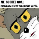 Unsettled Tom | ME: SCORES GOAL; EVERYBODY ELSE AT THE CRICKET MATCH: | image tagged in unsettled tom | made w/ Imgflip meme maker