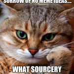 bored cat | YET AGAIN I COME TO THE SORROW OF NO MEME IDEAS.... WHAT SOURCERY IS THIS... | image tagged in bored cat | made w/ Imgflip meme maker