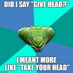 When picking someone up you gotta listen carefully | DID I SAY "GIVE HEAD?"; I MEANT MORE LIKE "TAKE YOUR HEAD" | image tagged in memes,crazy girlfriend praying mantis,head,mating | made w/ Imgflip meme maker