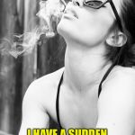 sexy girl smokin | I HAVE A SUDDEN DESIRE TO BE A CIGARETTE | image tagged in sexy girl smokin | made w/ Imgflip meme maker