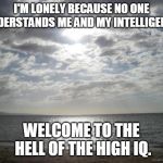 Alone Water | I'M LONELY BECAUSE NO ONE UNDERSTANDS ME AND MY INTELLIGENCE. WELCOME TO THE HELL OF THE HIGH IQ. | image tagged in alone water | made w/ Imgflip meme maker