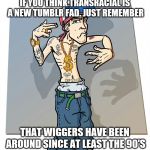 Let that sink in | IF YOU THINK TRANSRACIAL IS A NEW TUMBLR FAD. JUST REMEMBER; THAT WIGGERS HAVE BEEN AROUND SINCE AT LEAST THE 90'S | image tagged in wigger,memes,tumblr,transracial,cringe,funny | made w/ Imgflip meme maker